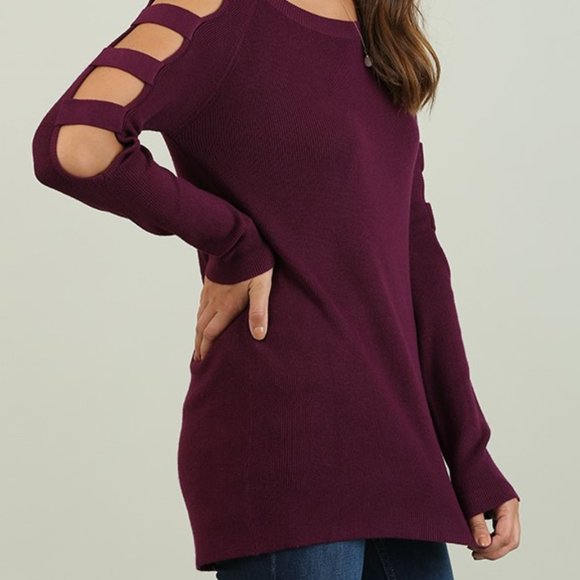 Wine Strappy Cut Out Long Sleeve Sweater WA3400 - Picture 2 of 3